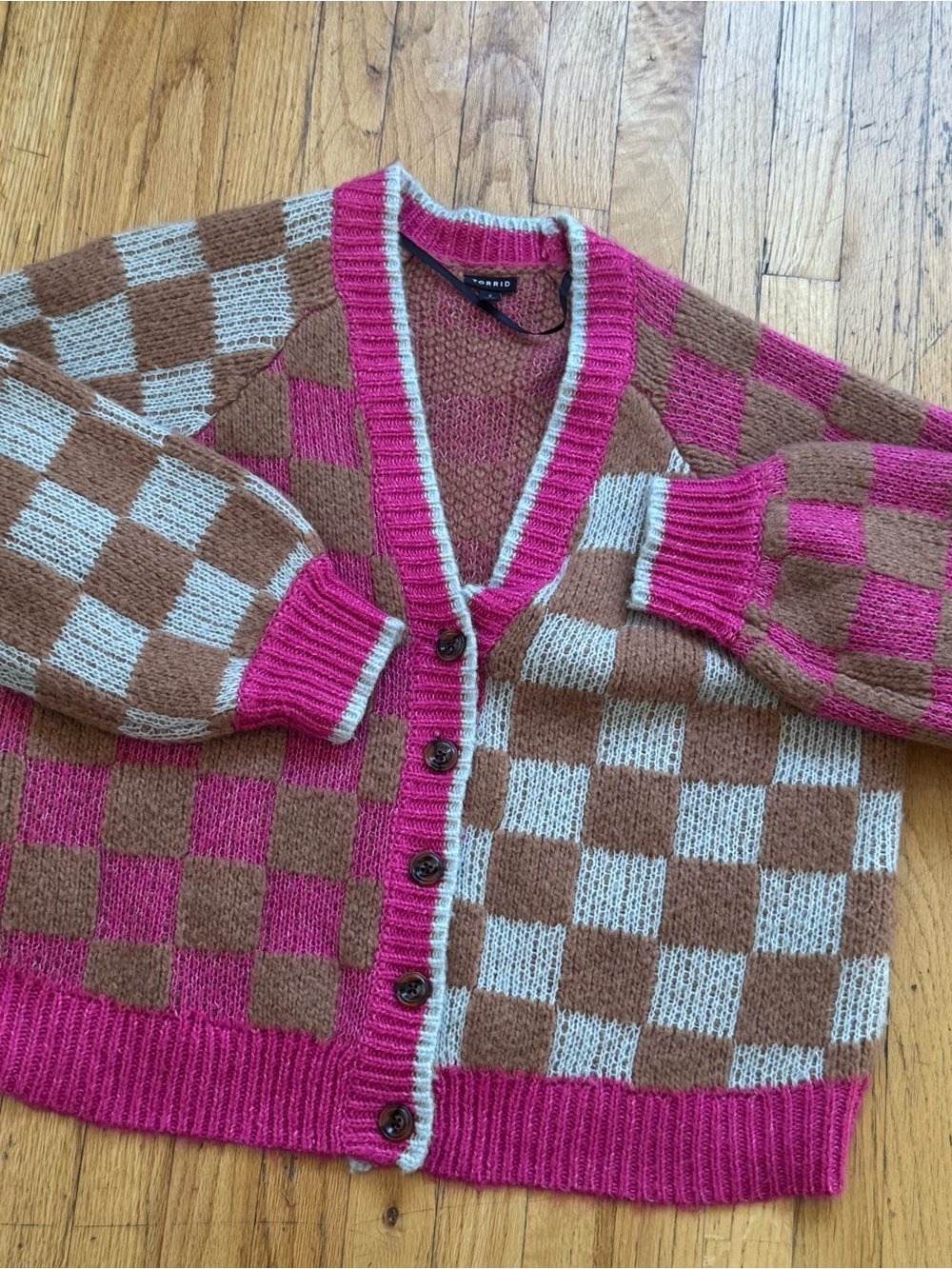 torrid Checkerboard V-Neck Cardigan - Hot Pink/Brown/Cream